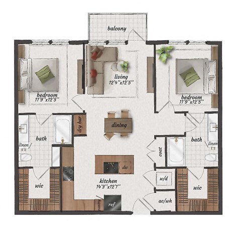 2 Bedroom, 2 Bathroom, 1080 Square Feet - B3 Floorplan at St. Elmo Apartments in Austin, TX